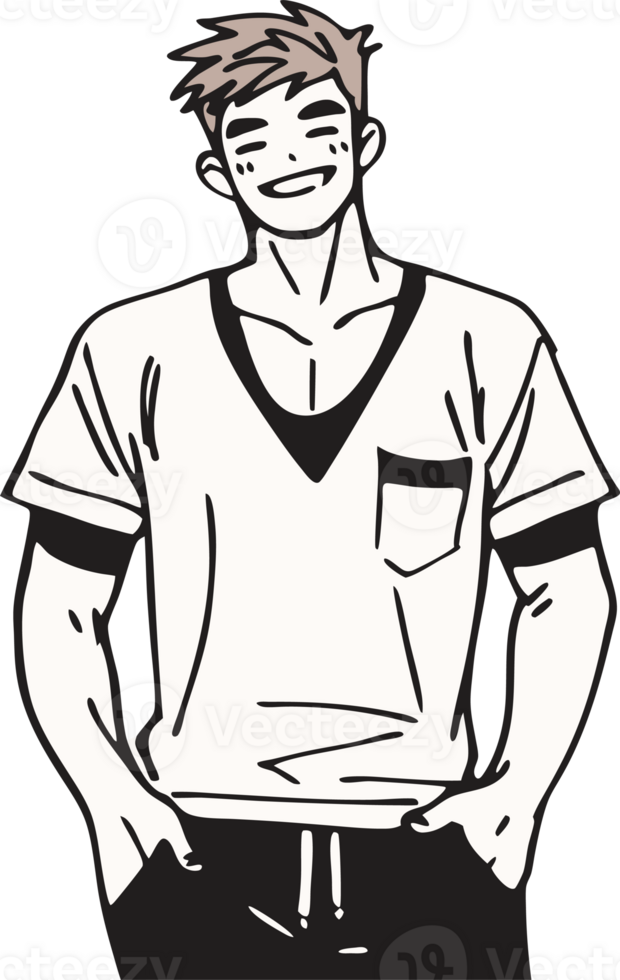 Casual Smiling Cartoon Male in V-Neck T-Shirt with Hands in Pockets png