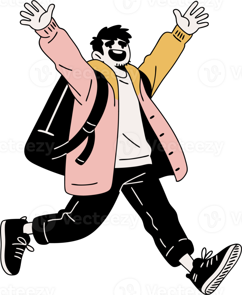 Joyful Illustration of a Happy Young Person with Backpack in Casual Attire png