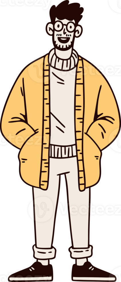 Stylish Cartoon Character in Yellow Jacket with Glasses and Beard png
