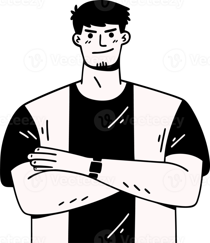 Confident Cartoon Character with Smartwatch, Arms Crossed, Black and White Illustration png