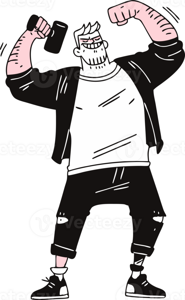 Cartoon Strongman Flexing Muscles with Dumbbell in Casual Attire png