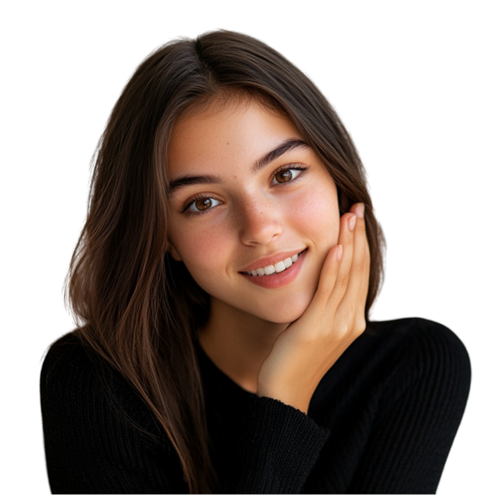 A young woman leaning forward with a gentle smile, whispering a message, her face close to the camera, png