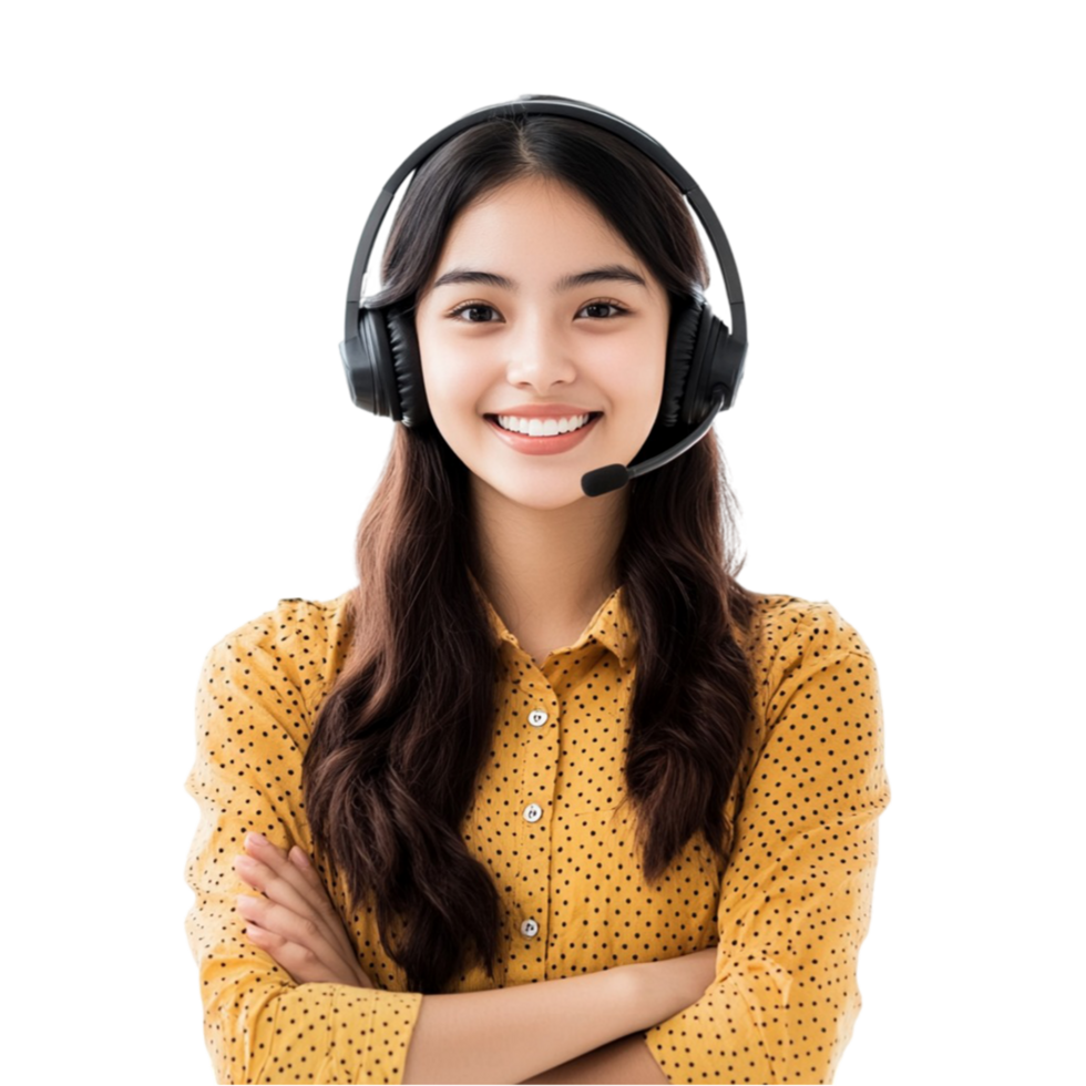 A young woman working in customer support, wearing a headset png