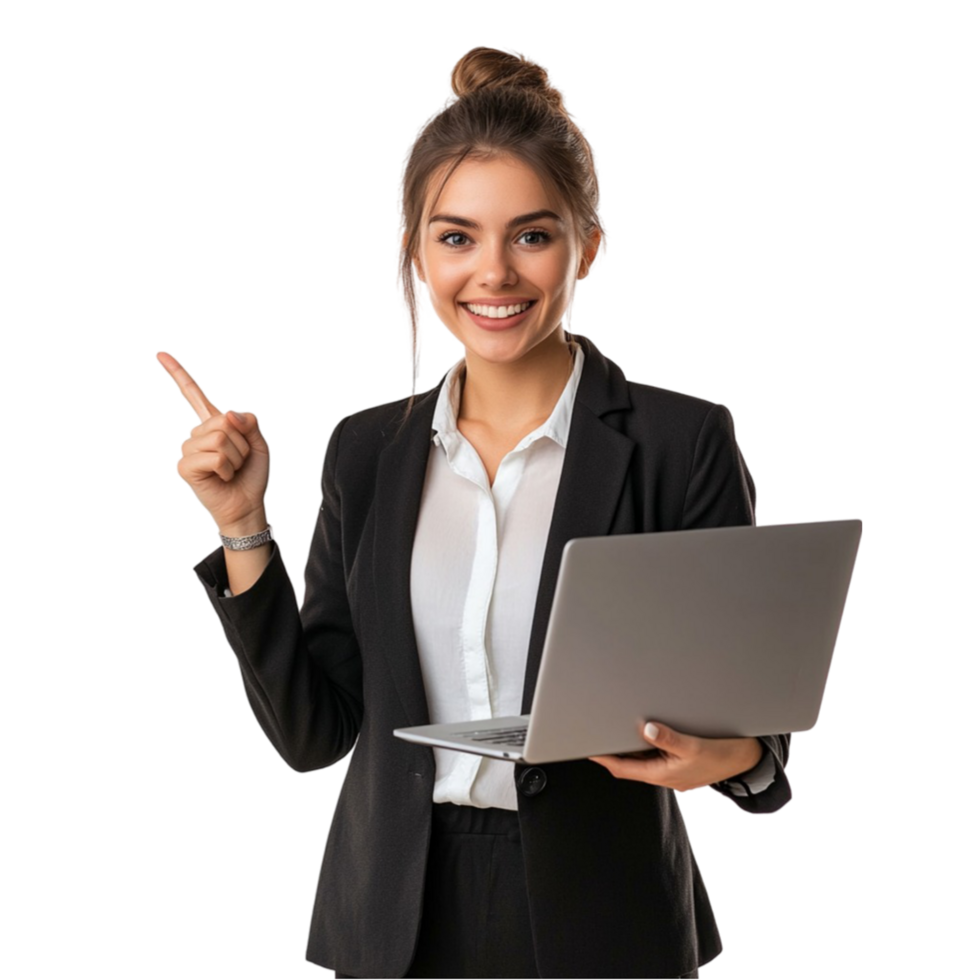 An excited young businesswoman in a blazer, holding a laptop while pointing png