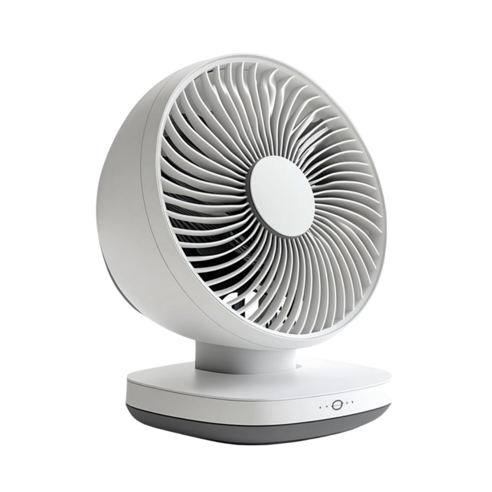 A modern electric ventilator with adjustable blades and a sleek base, displayed png