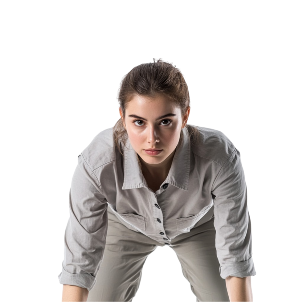 A young woman in a shirt and trousers, confidently standing with a push-up pose, png