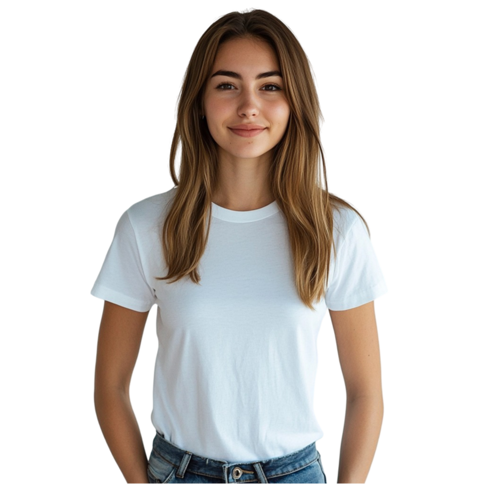 A young woman wearing a plain white T-shirt, standing confidently with a relaxed posture and a subtle smile png