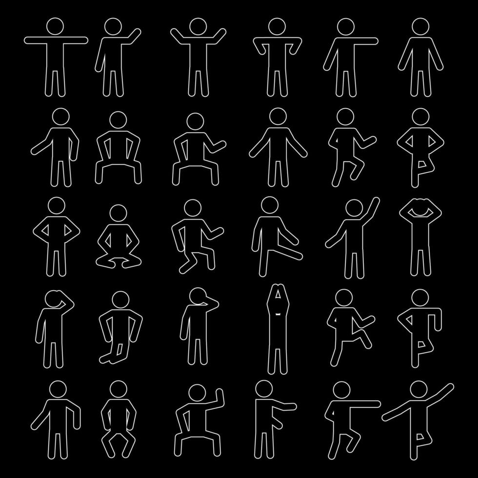 collection of stickman sketches with different movements and white color vector