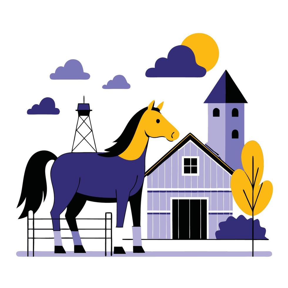 Serene Horse Farm Landscape Illustrating the Tranquil Bond with Nature vector
