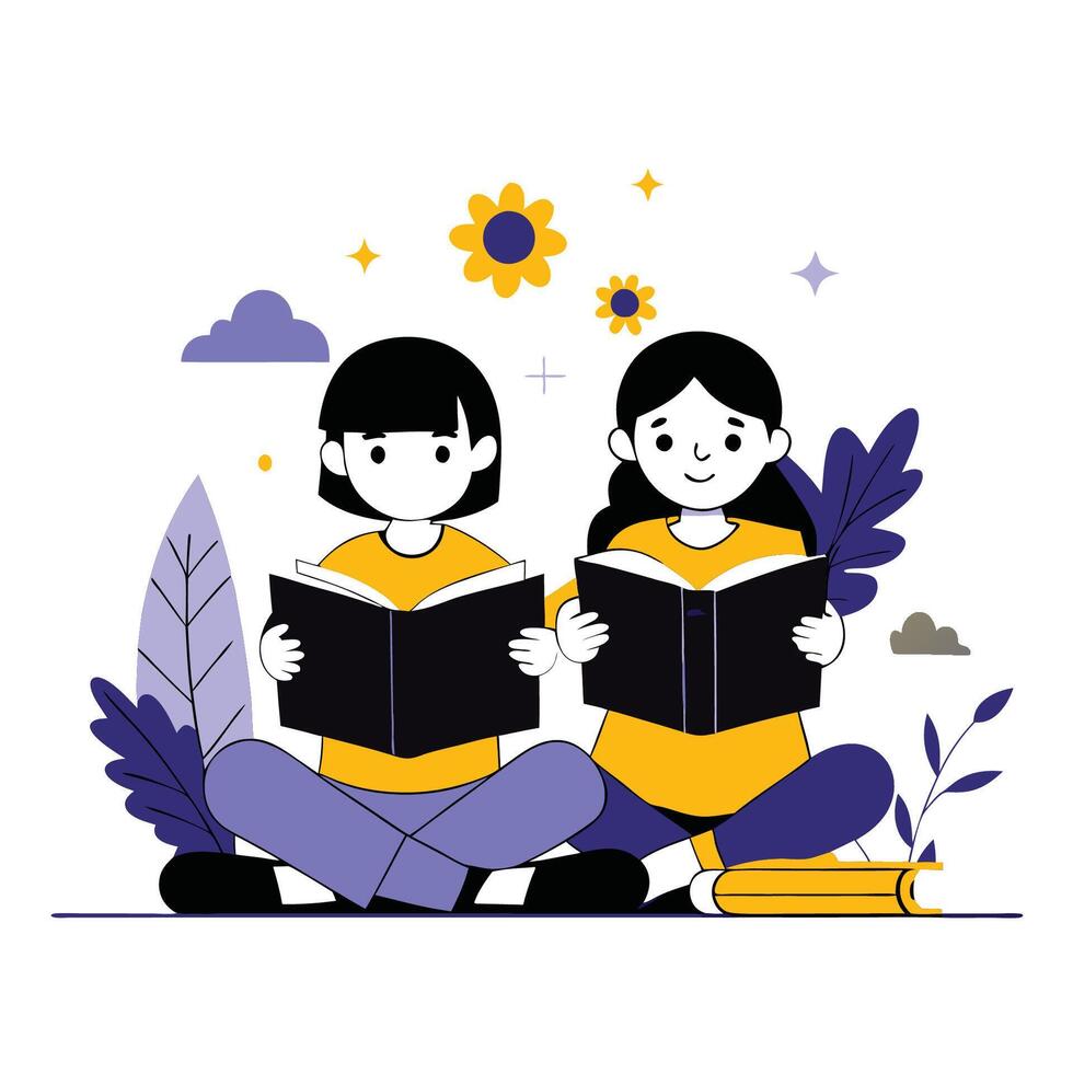 Children Enthusiastically Engaging in the Adventures of Reading vector