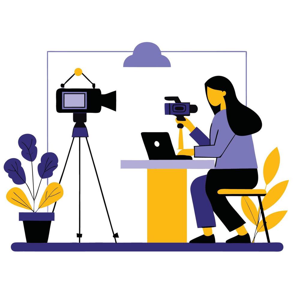 Modern Journalist on Laptop with Press Pass and Microphone vector