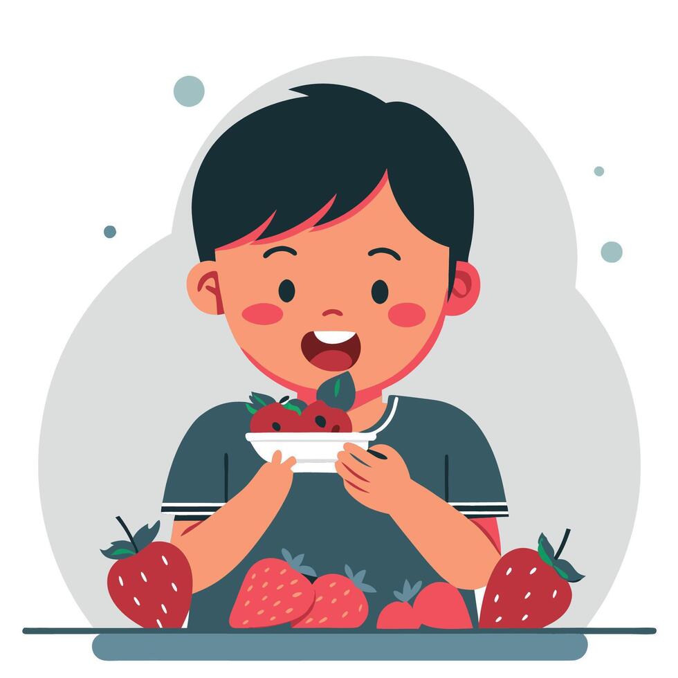 Cute Kid Enjoying the Sweetness of Freshly Picked Strawberries vector