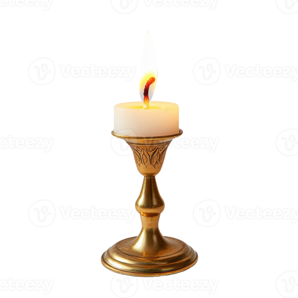 Burning Candle on Golden Stand on transparent background. png