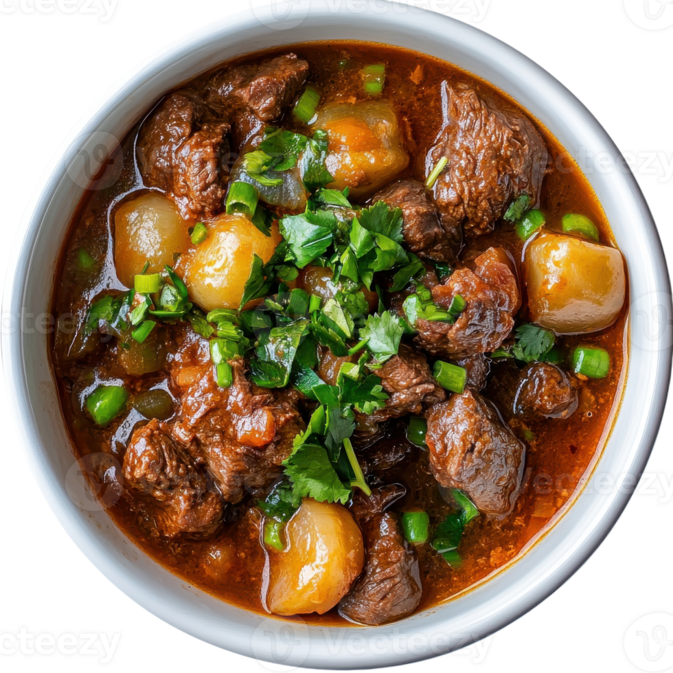 Beef Stew in Rustic Bowl on transparent background. png