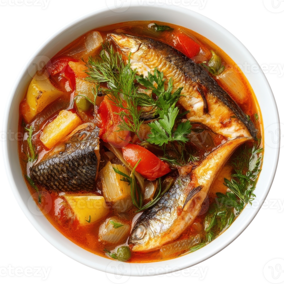 Delicious Fish Stew with Veggies on transparent background. png