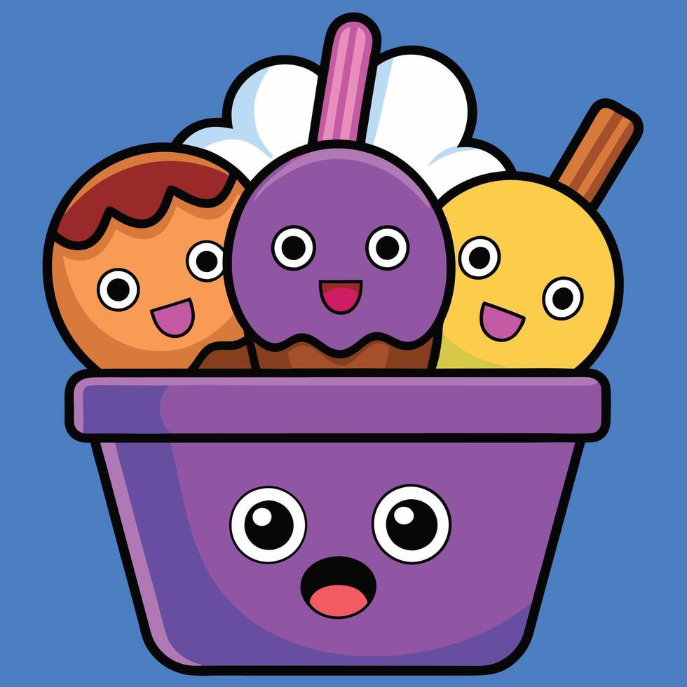 Kawaii frozen dessert with cute and smiling faces vector