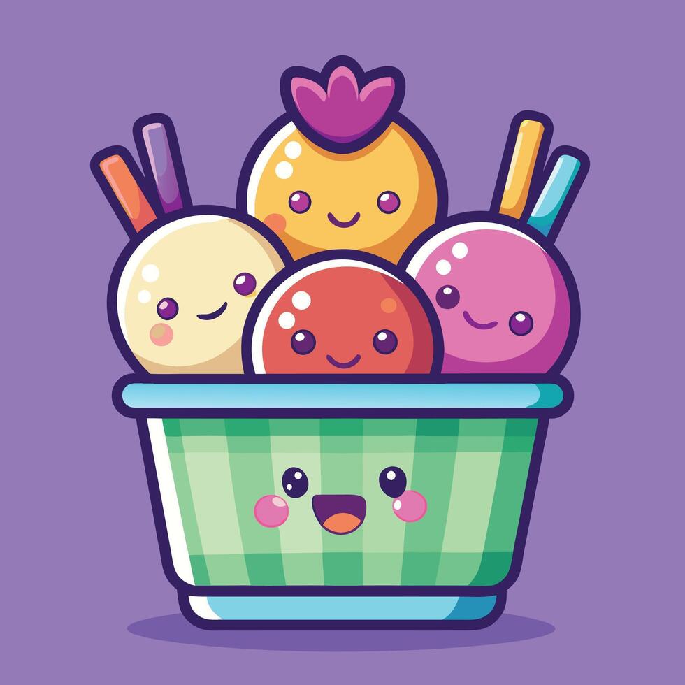 Playful frozen dessert with adorable smiling characters vector