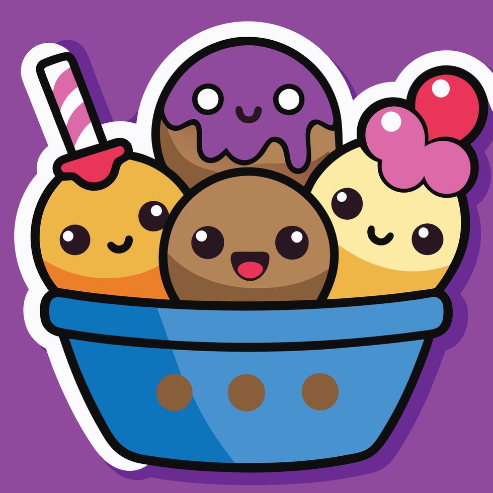 Fun dessert illustration with kawaii ice cream scoops vector