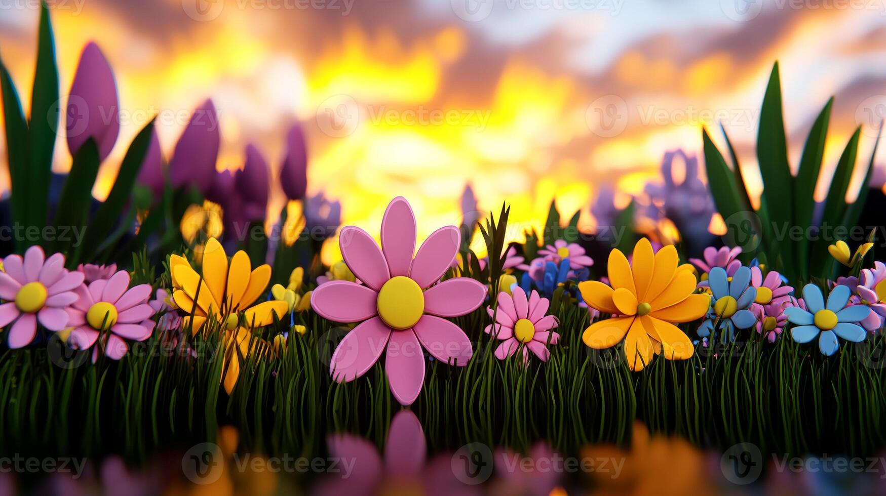vibrant wildflower meadow under glowing sunset sky photo