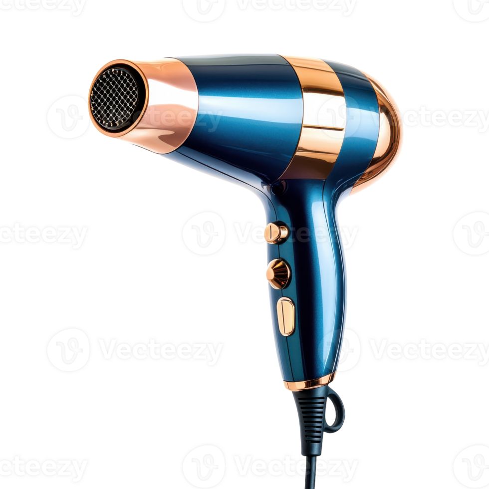 Stylish Copper Blue Hair Dryer on transparent background. png