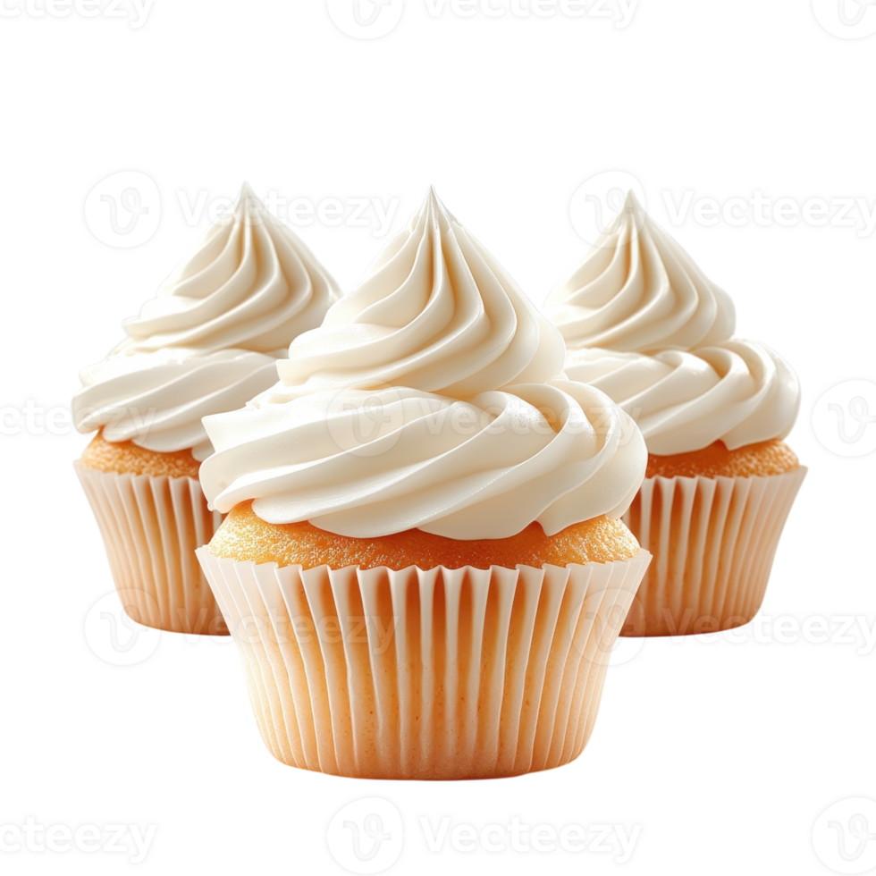 Three Stylish Cupcakes White Frosting on transparent background. png