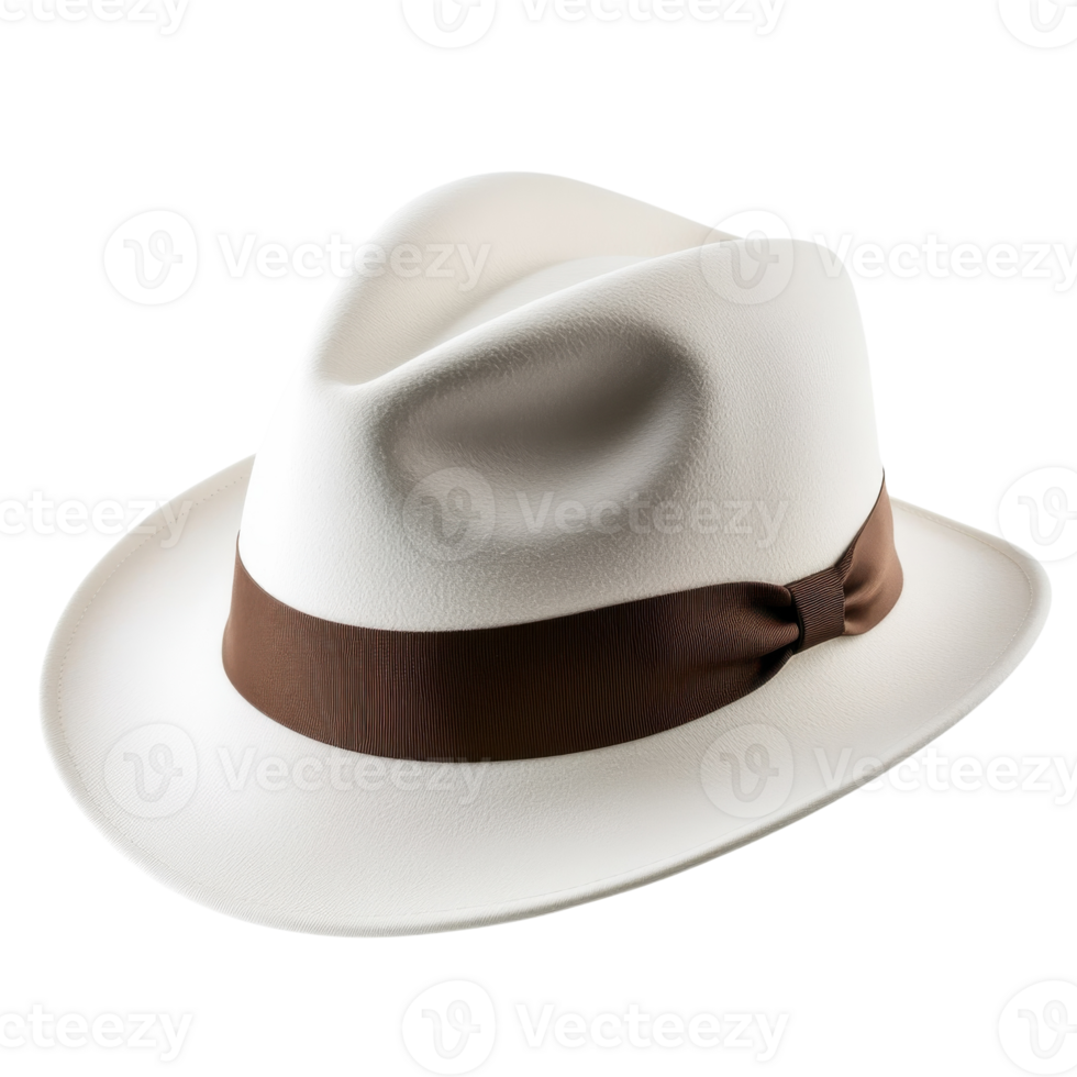 White Fedora Hat with Brown Ribbon on transparent background. png