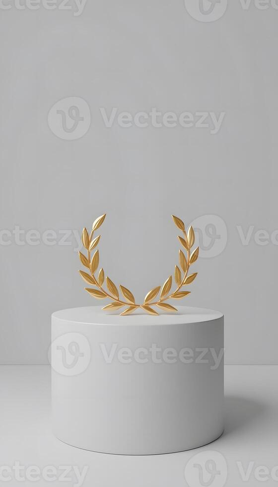 Golden Laurel Wreath on White Pedestal A Symbol of Achievement and Victory photo