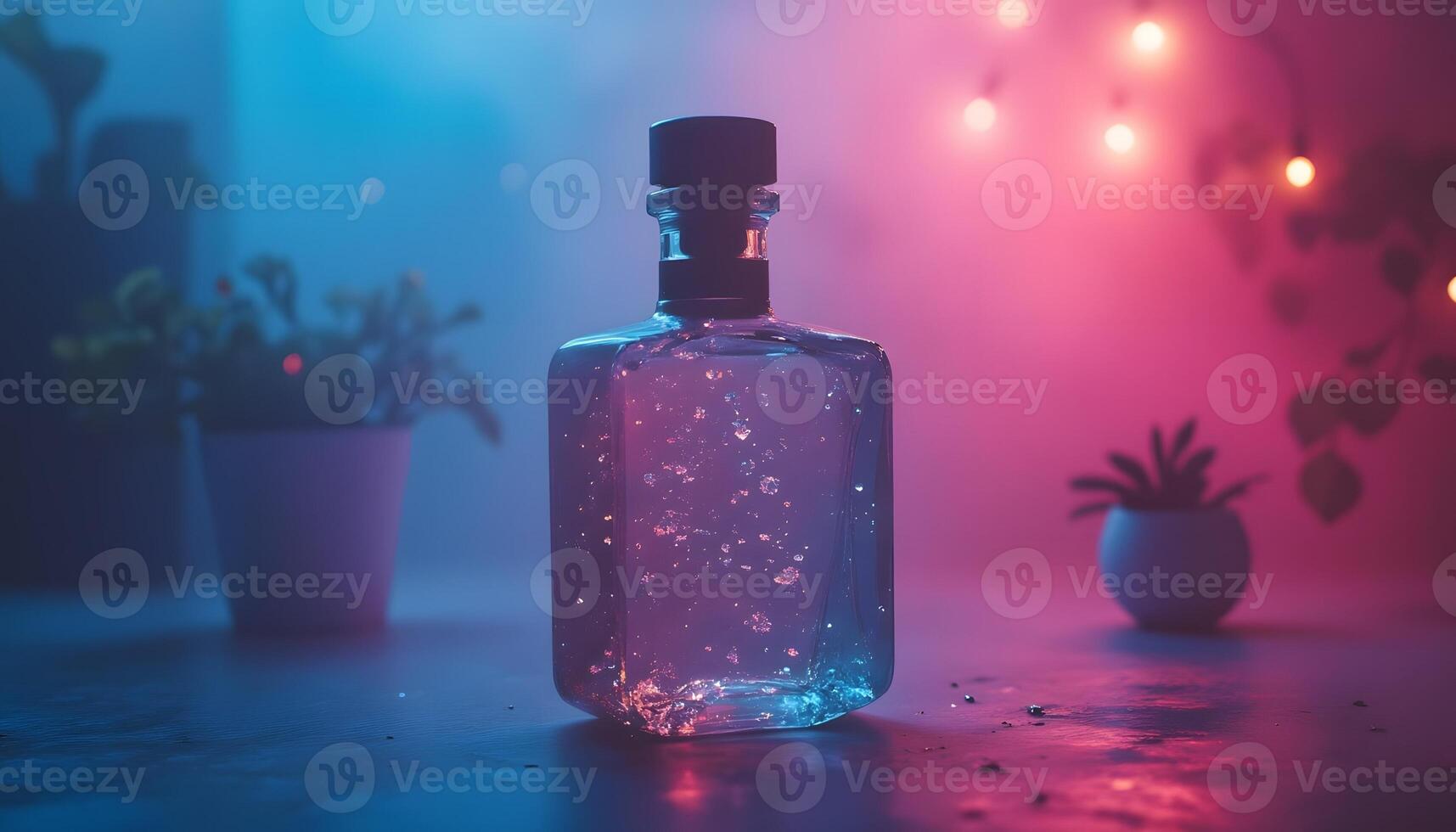 Mysterious Glass Bottle with Glimmering Liquid in Neon Lights photo