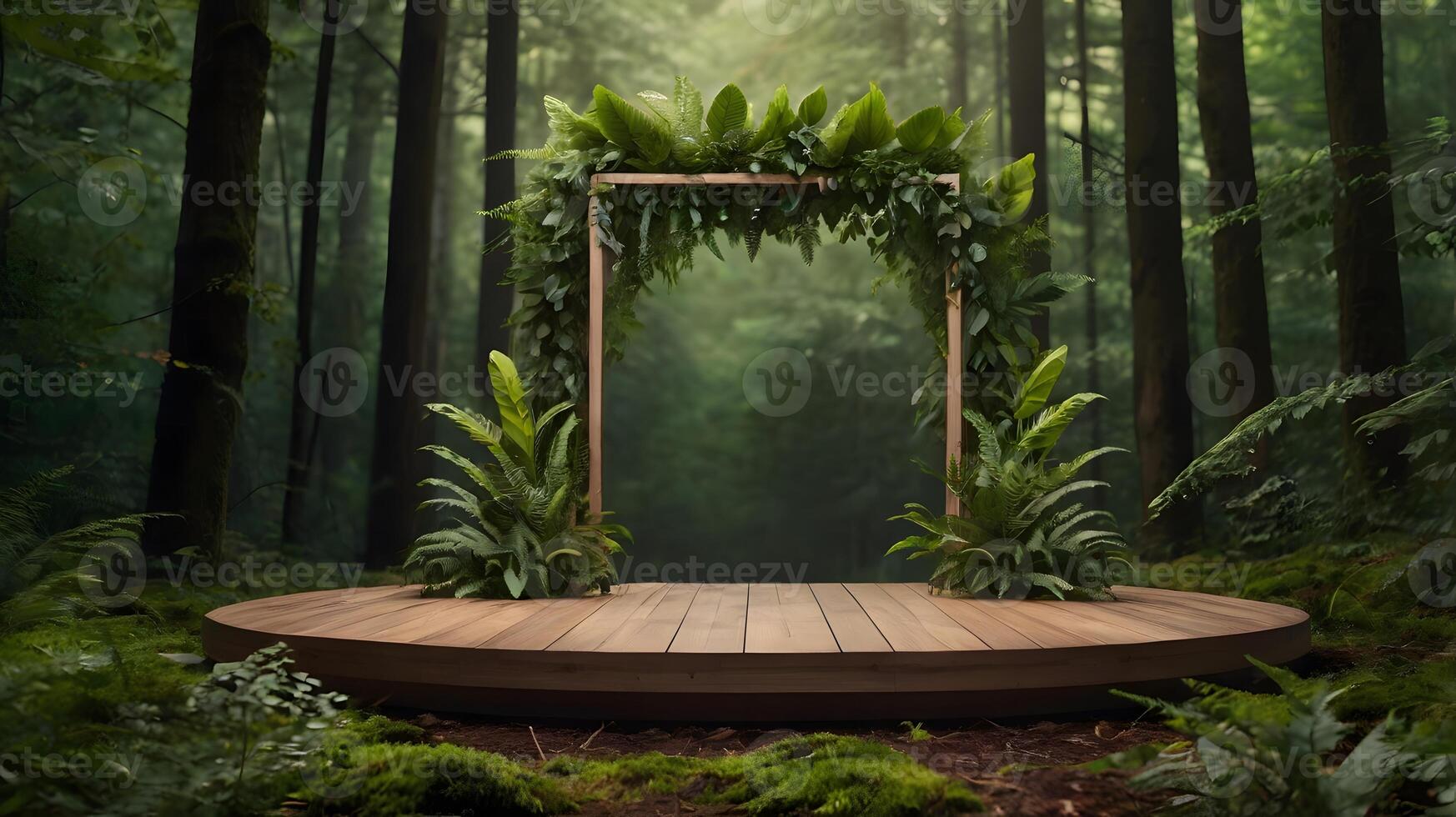 Enchanted Forest Wedding Venue Wooden Platform with Greenery Arch Product presentation, mock up, show cosmetic product, Podium, stage pedestal or platform. photo