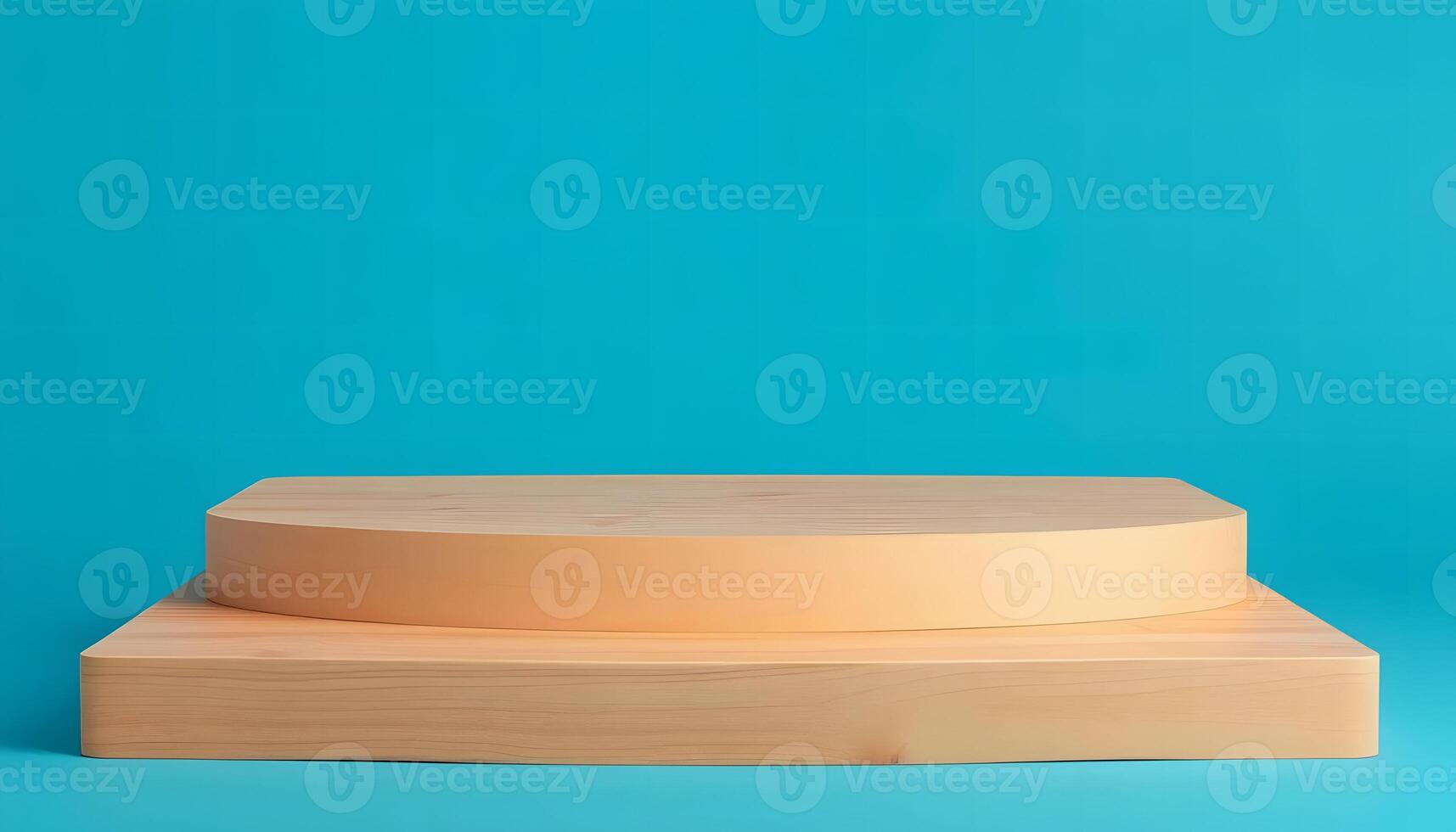 Minimalist Wooden Display Stand on Turquoise Background Product presentation, mock up, show cosmetic product, Podium, stage pedestal or platform. photo