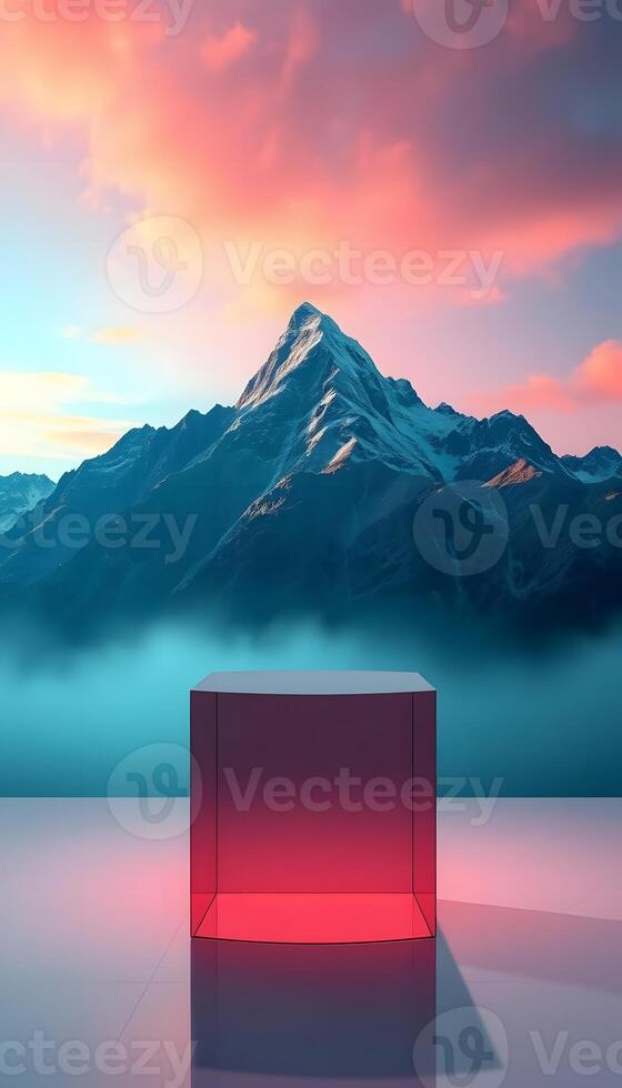 Glowing Cube Display Podium with Majestic Mountain Backdrop at Sunset Product presentation, mock up, show cosmetic product, Podium, stage pedestal or platform. photo
