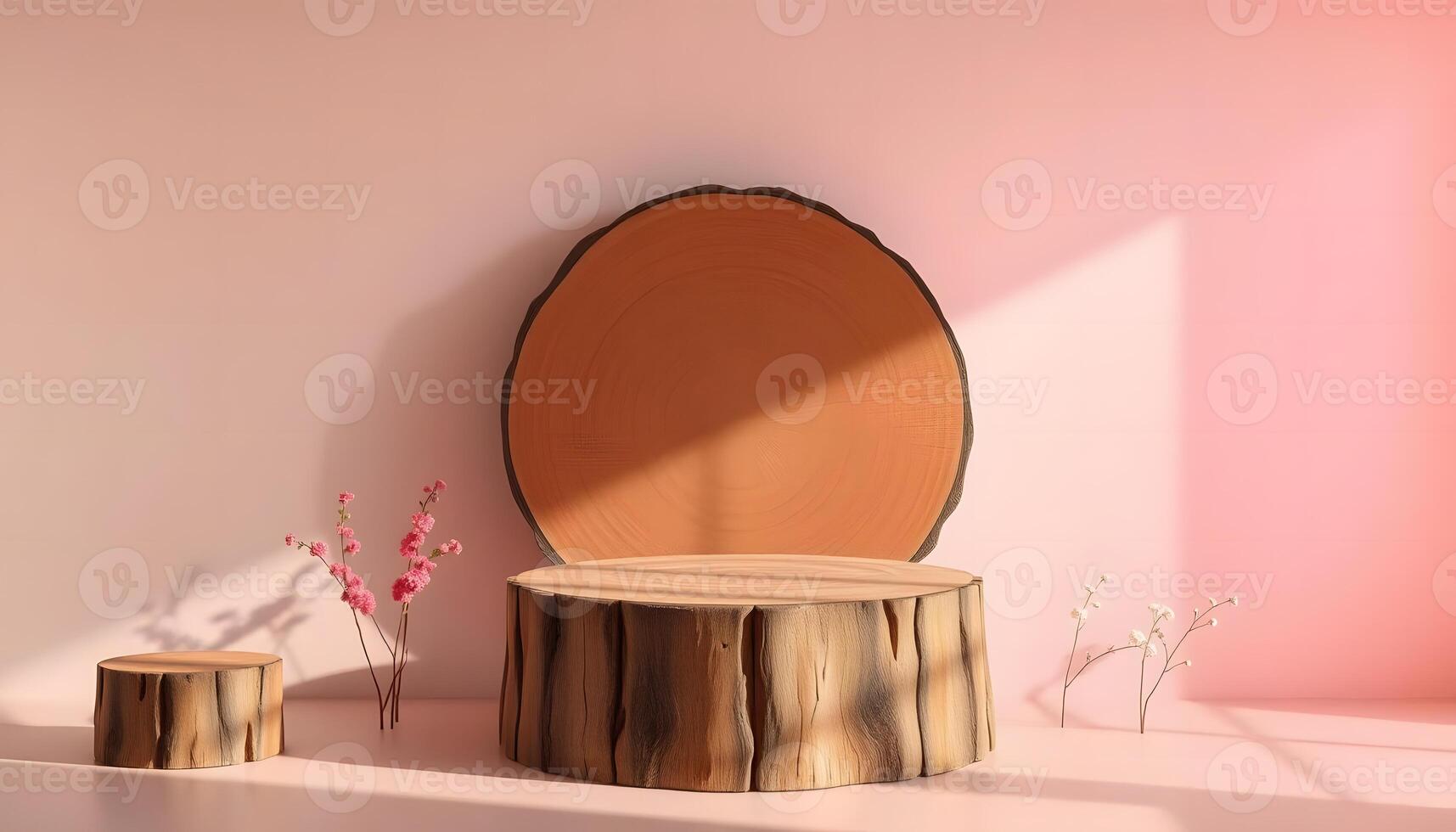 Rustic Wooden Podiums with Pink Backdrop and Floral Accents for Product Display Product presentation, mock up, show cosmetic product, Podium, stage pedestal or platform. photo