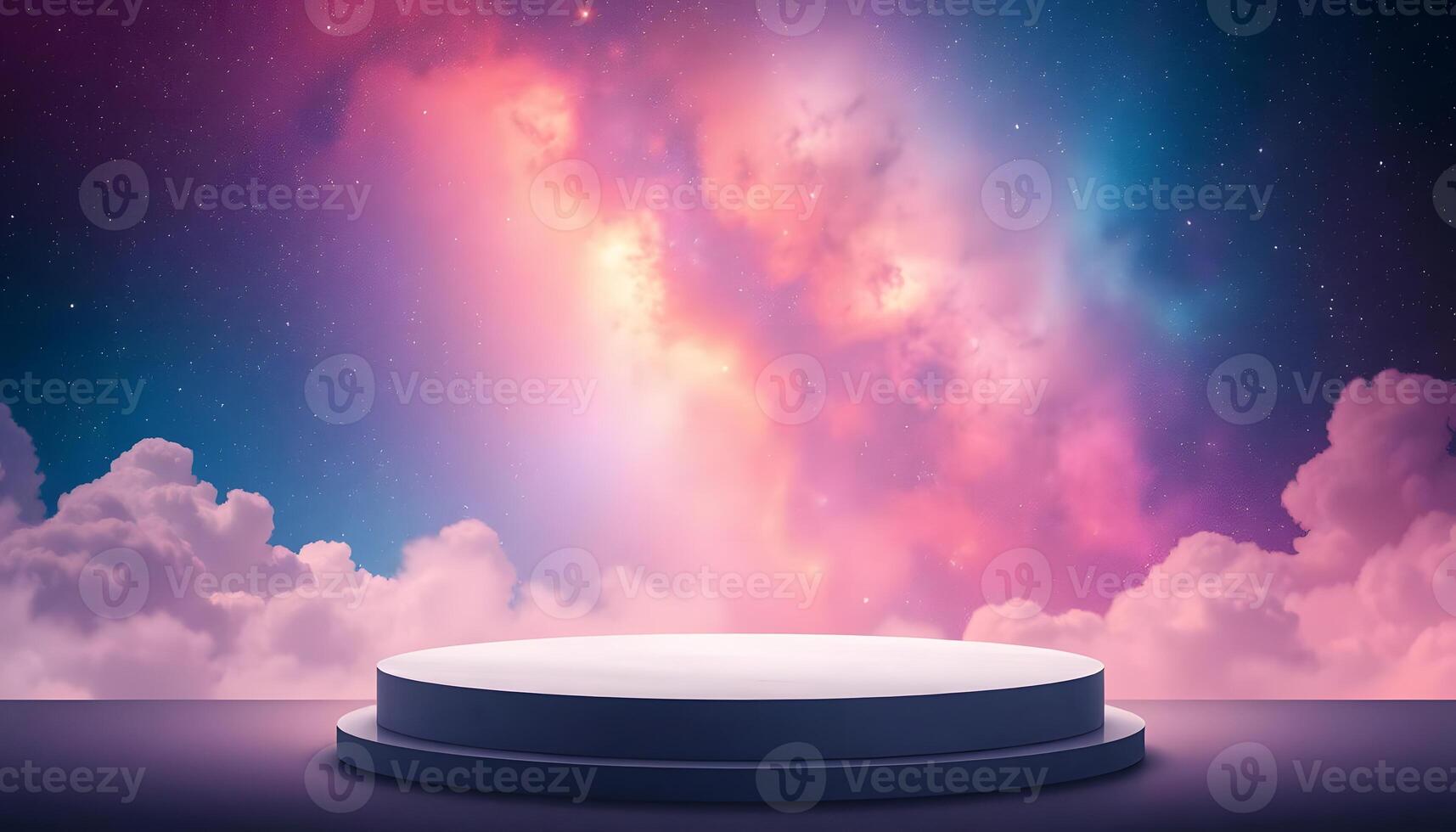 Empty Podium Against Dreamlike Pink Clouds and Starry Sky Product presentation, mock up, show cosmetic product, Podium, stage pedestal or platform. photo
