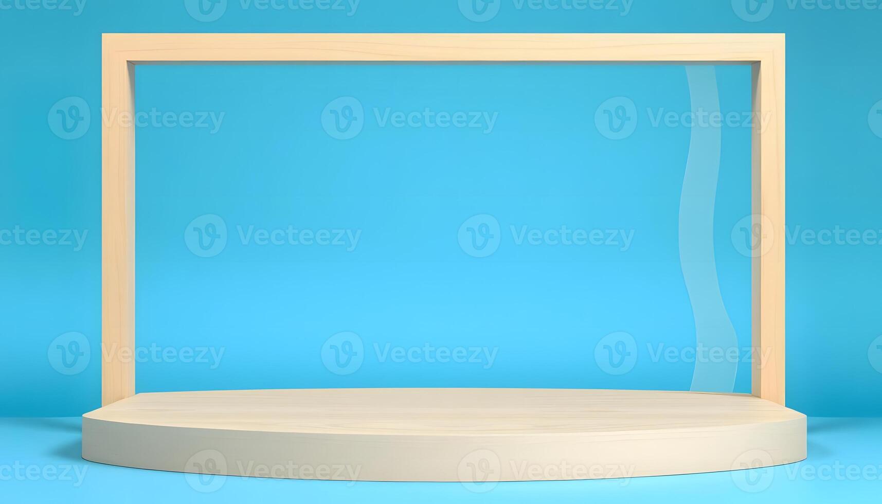 Minimalist Wooden Display Stand with Blue Background A Product Showcase Product presentation, mock up, show cosmetic product, Podium, stage pedestal or platform. photo