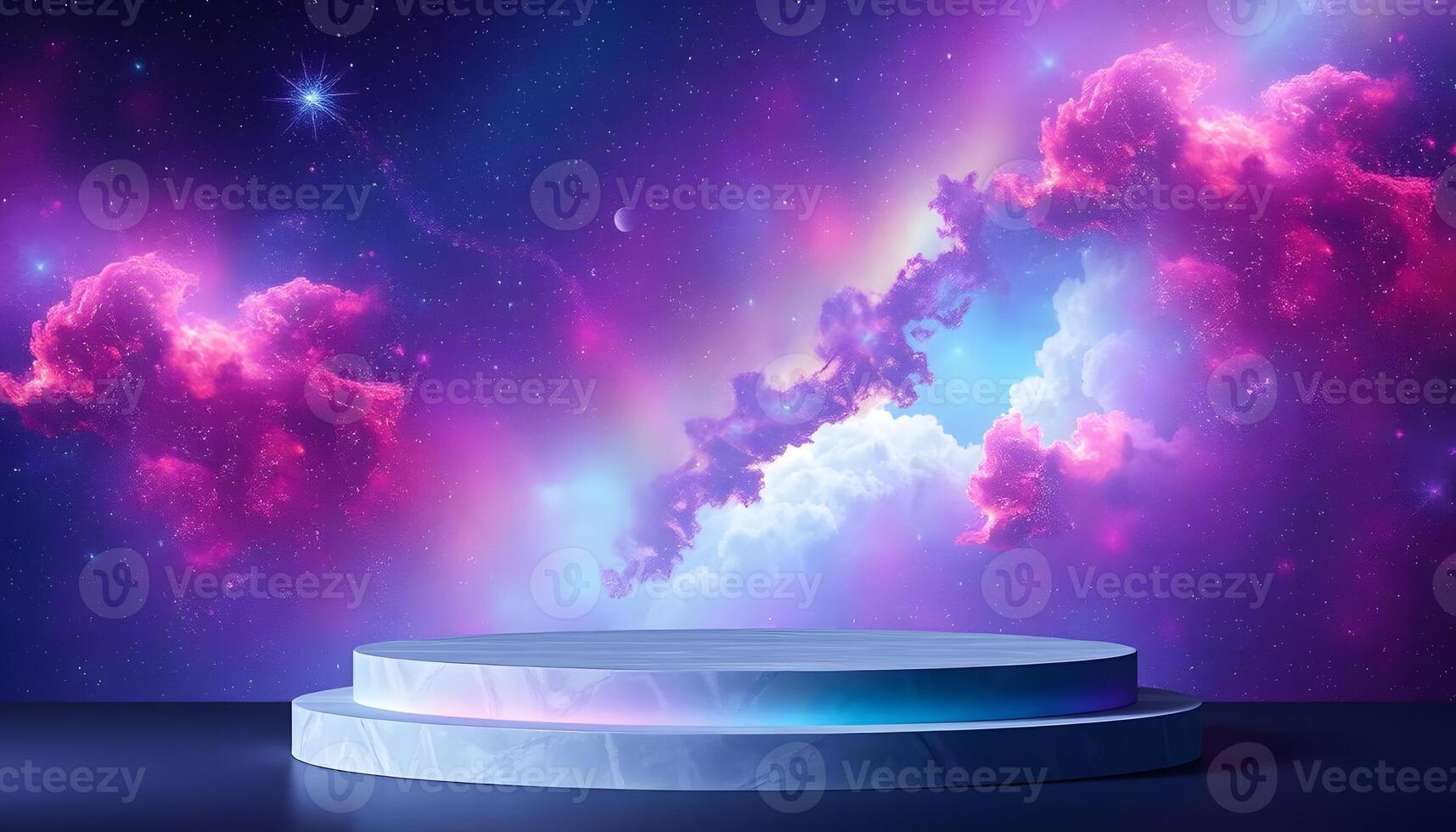 Cosmic Stage A Marble Podium Beneath a Nebula Sky of Purple and Blue Product presentation, mock up, show cosmetic product, Podium, stage pedestal or platform. photo