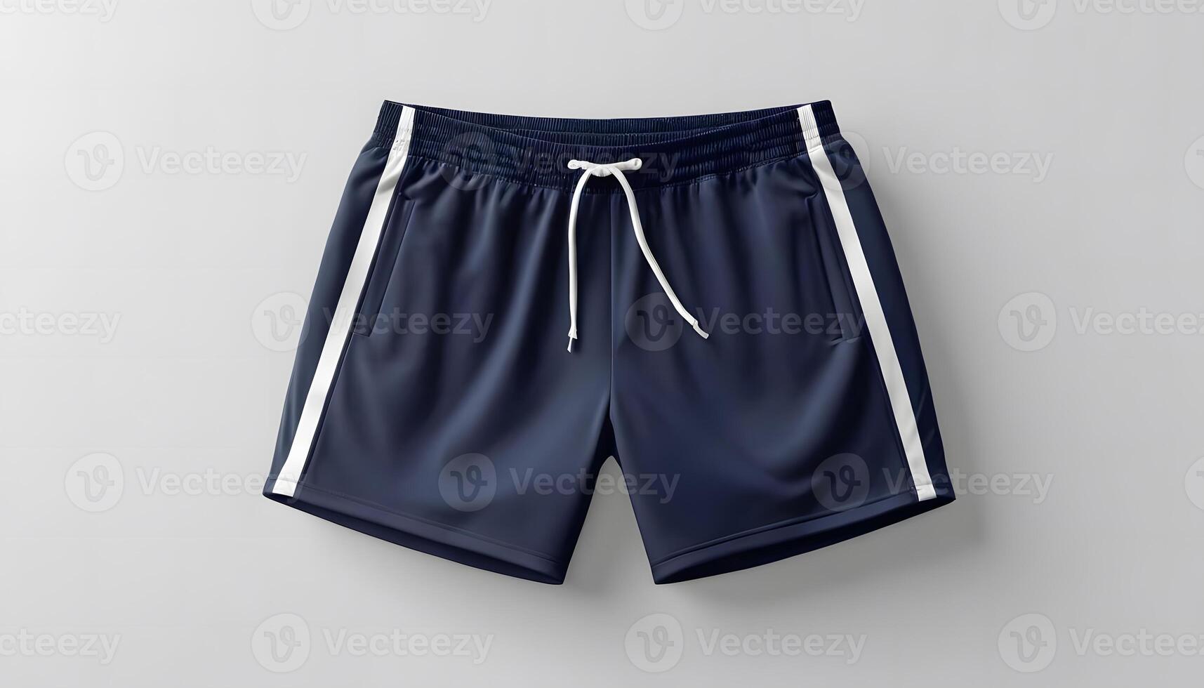 Stylish Navy Blue Athletic Shorts with White Side Stripes on a Plain Background Mock up template for design print photo