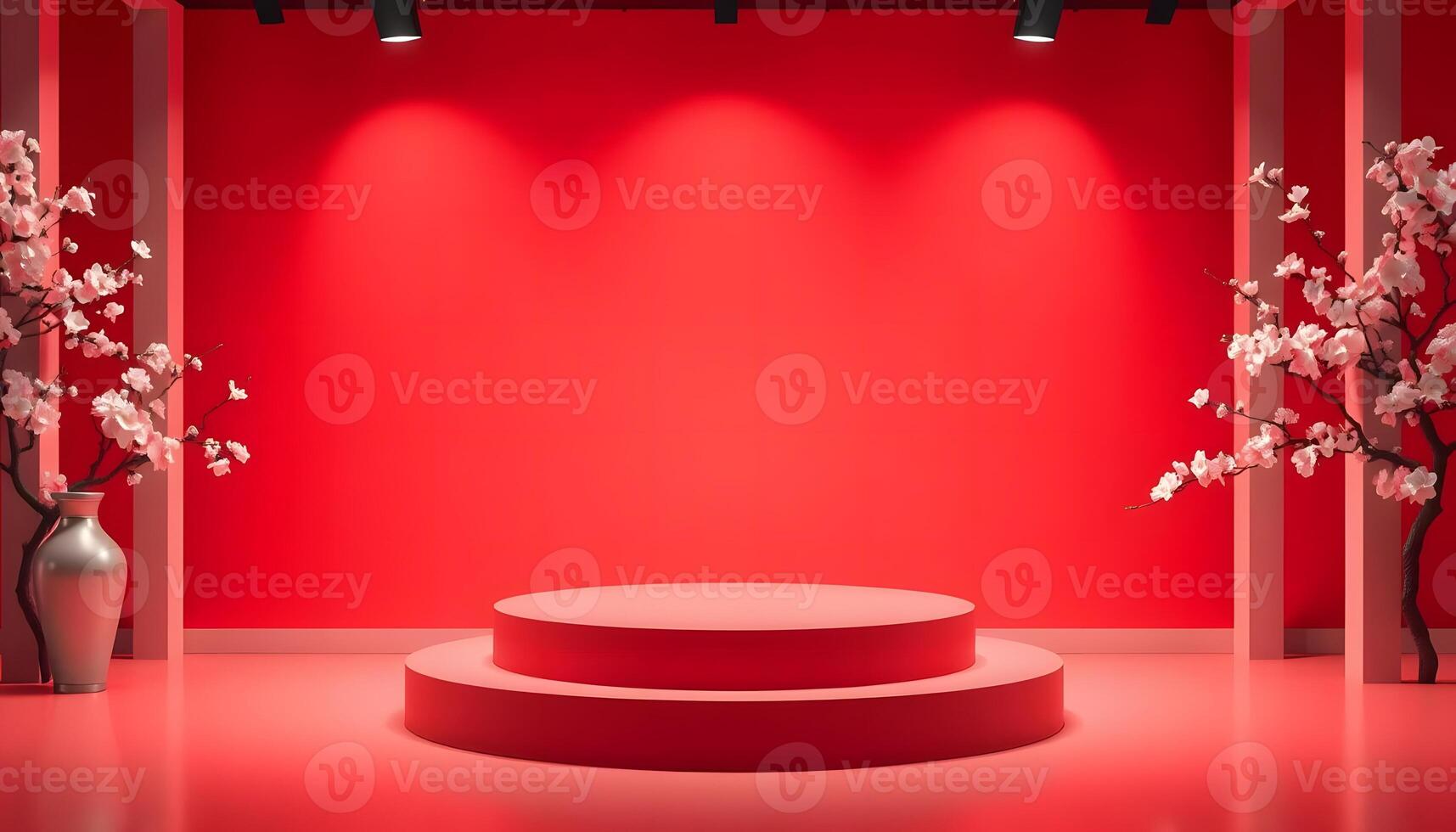 Elegant Red Podium with Cherry Blossoms A Festive Display Product presentation, mock up, show cosmetic product, Podium, stage pedestal or platform. photo