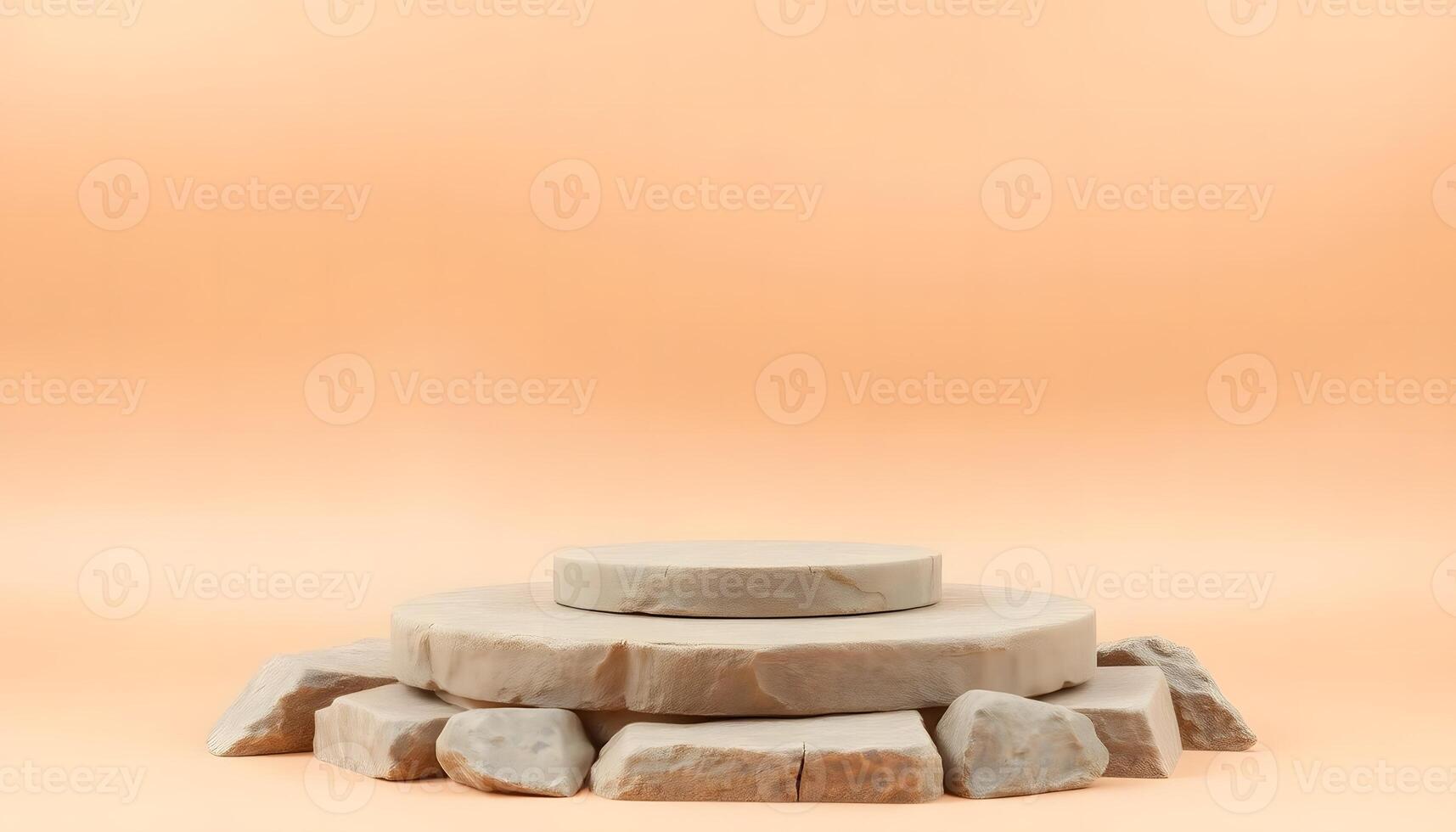 Beige Stone Product Display Podium on Peach Background photo