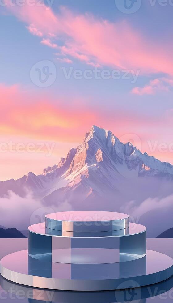 Empty Glass Podium with Dreamy Mountain Sunset Backdrop Product presentation, mock up, show cosmetic product, Podium, stage pedestal or platform. photo