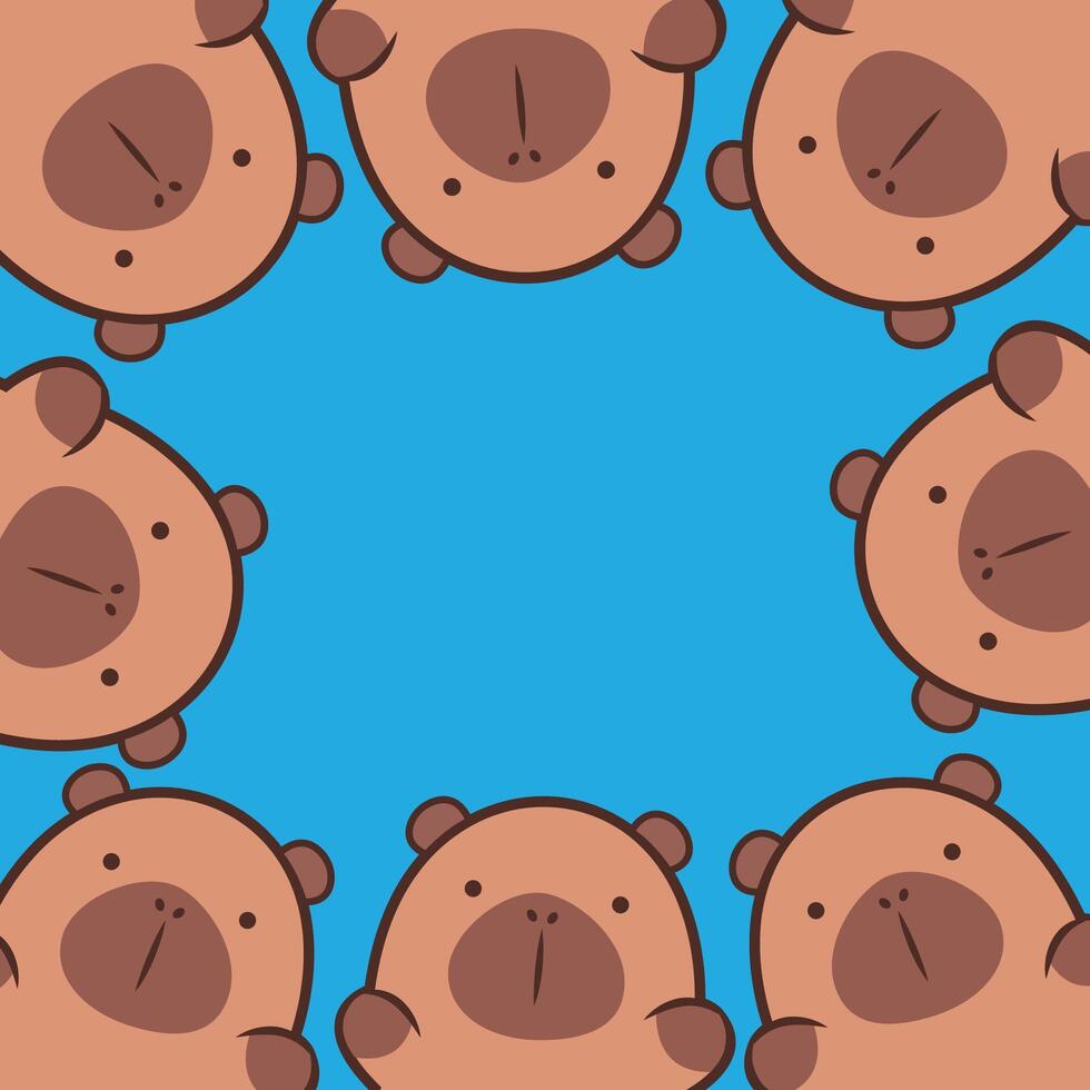Cute smiling capybara border background. Banner of capybaras around looking at you kawaii vector