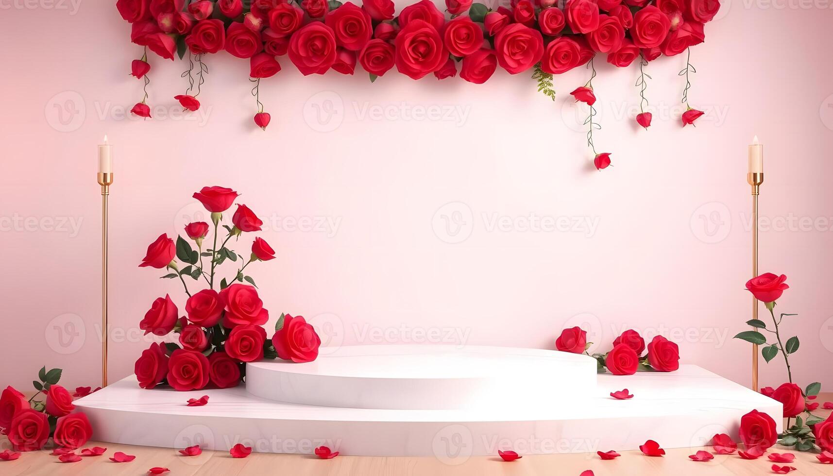 Romantic Rose Arrangement with Elegant White Pedestal Product presentation, mock up, show cosmetic product, Podium, stage pedestal or platform. photo