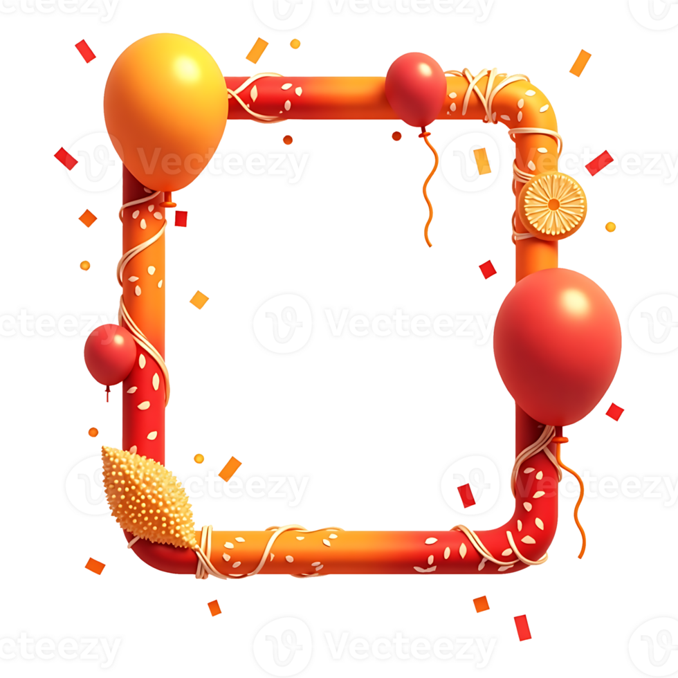 an orange frame with balloons and confetti png