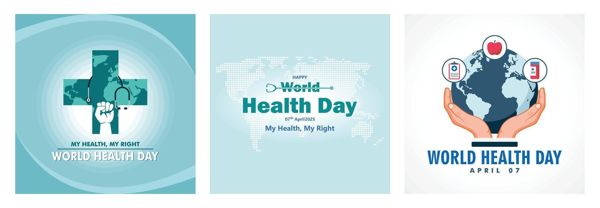 World Health Day poster featuring stethoscope, globe, health icons and symbols. vector