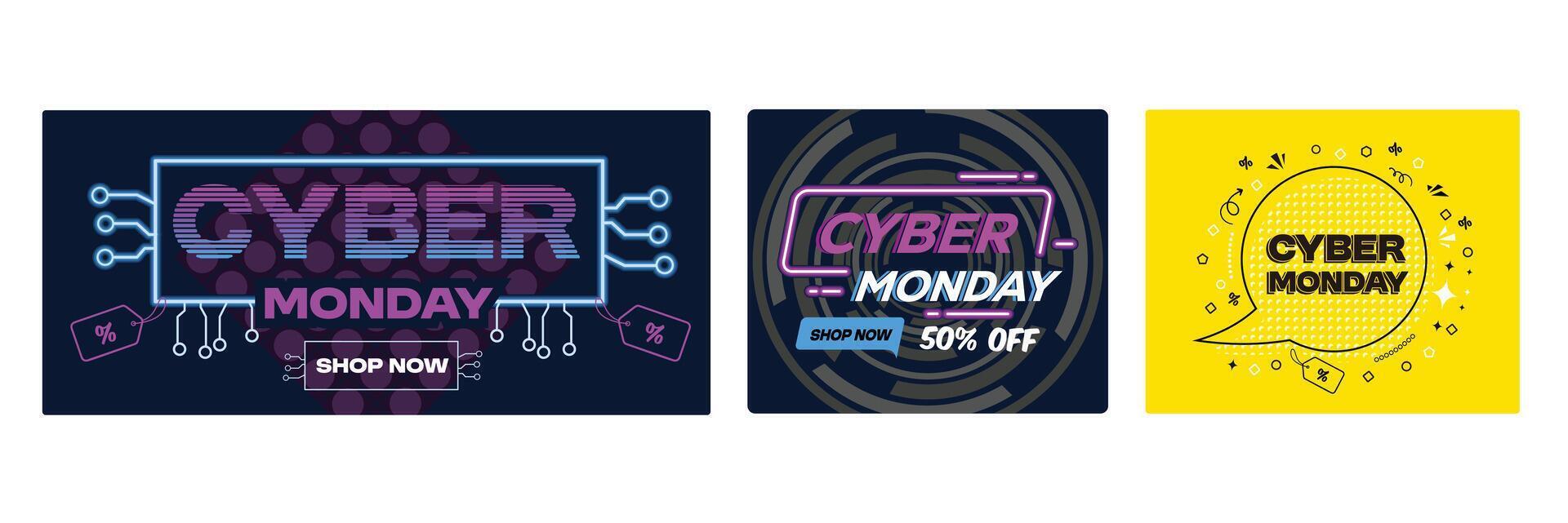 Cyber Monday sale ad with neon design and discount offers. vector