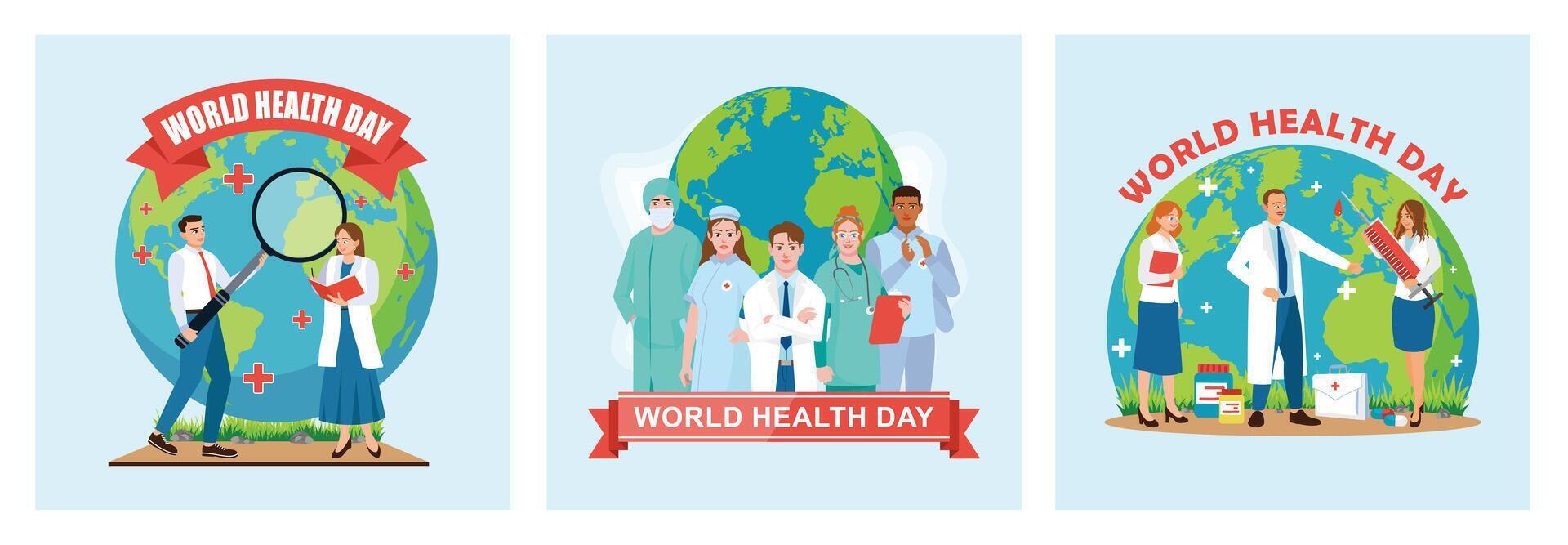 A group of doctors provide global health services on World Health Day. vector