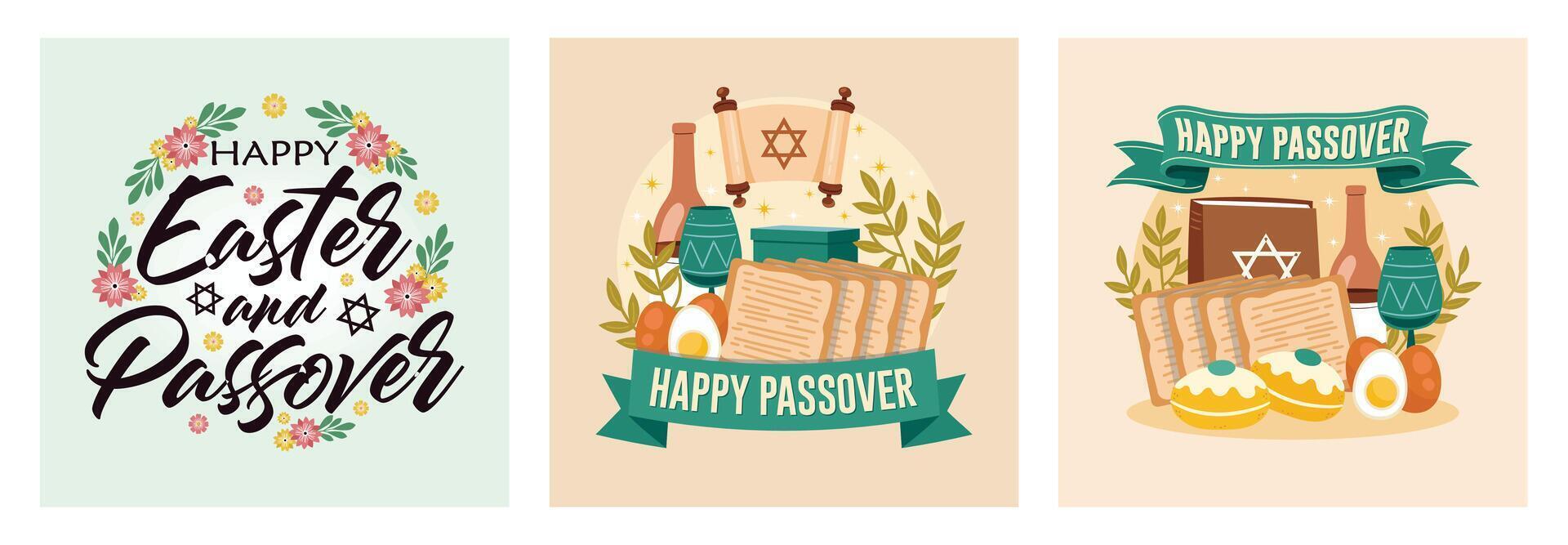 Easter celebration with traditional food. Passover Day concept. Set flat illustration. vector