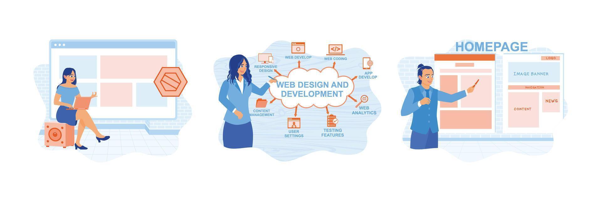 IT experts develop software on computers. vector