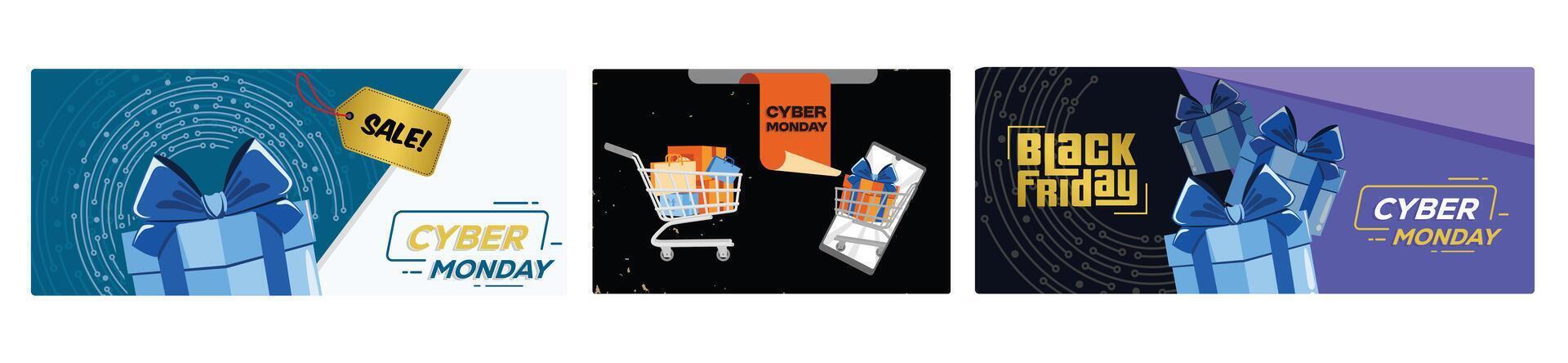 Cyber Monday ad banners feature sales discounts, shopping carts, gadgets, and gift boxes. vector