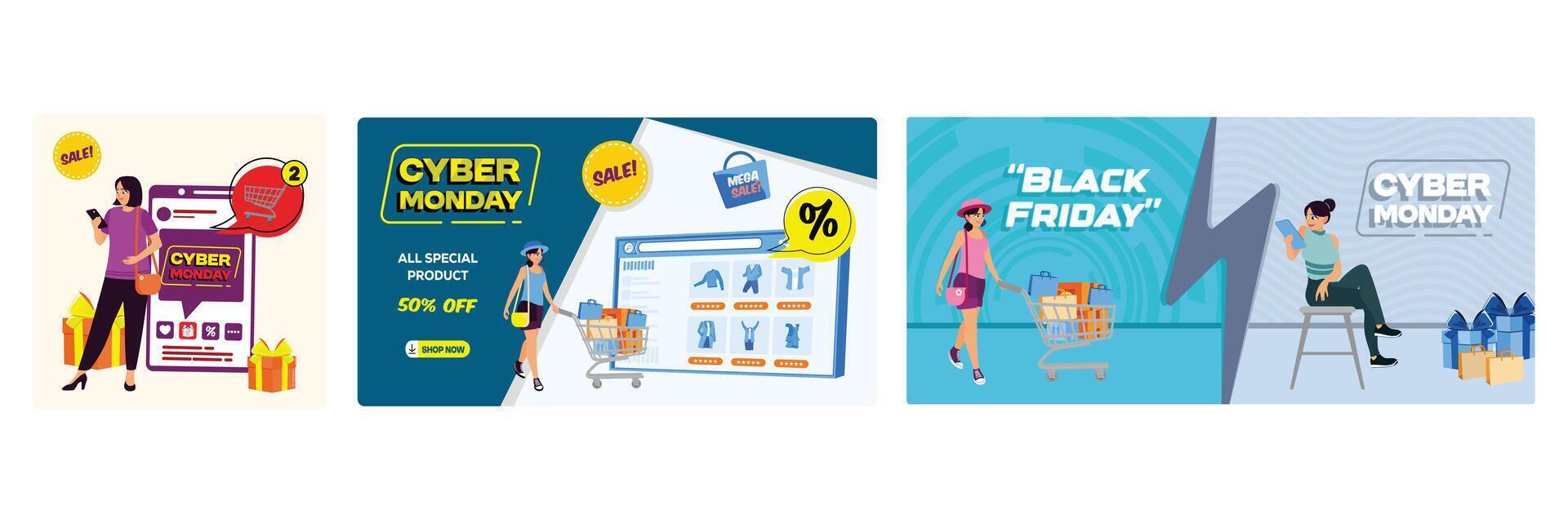 Cyber Monday sales poster features a woman shopping through an online app. vector