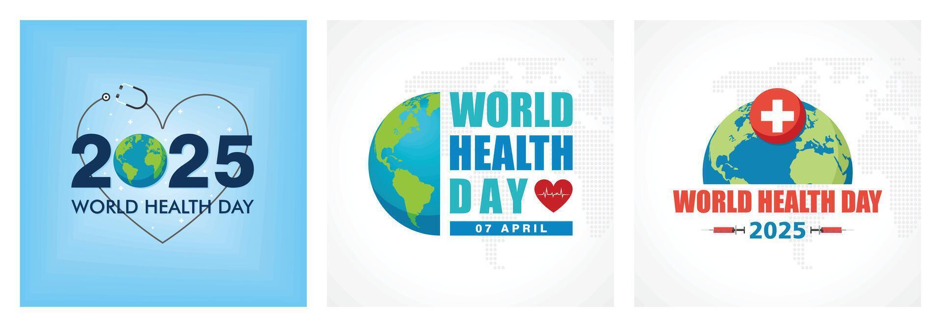Global health awareness day posters feature a globe, stethoscope, and health symbols. vector